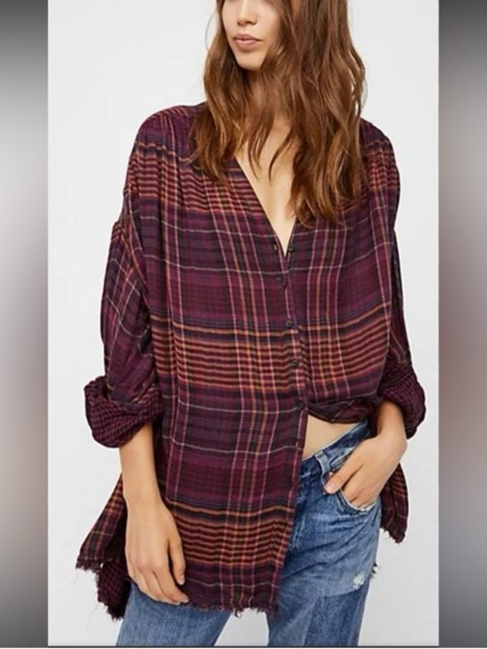 Free People Come On Over Oversized Plaid Flannel Button-Down Top Plum Medium